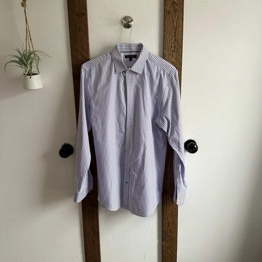Banana Republic Men Large Non-Iron Slim Fit Long Sleeve Purple Blue Check Shirt